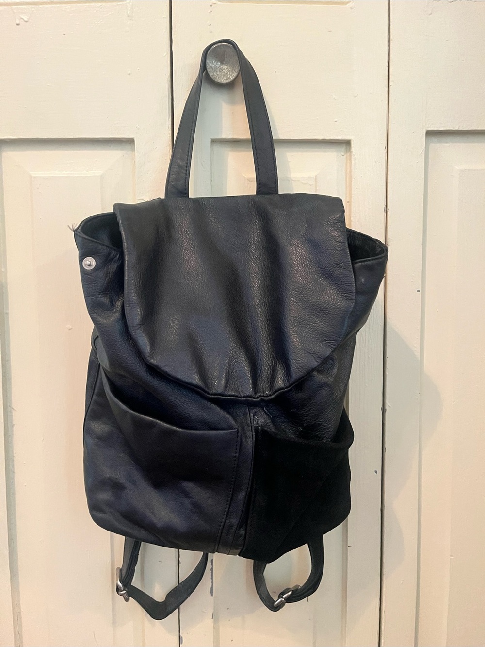 Sleek Black Leather Flap Backpack